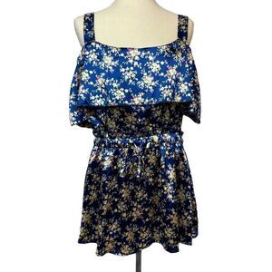 Zeagoo Navy Blue Floral Cold Shoulder Peplum Blouse Top Size 2XL XXL silk feel